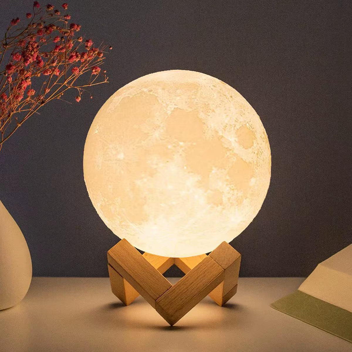 D5 Moon Lamp 8Cm LED Night Light Battery Powered with Stand Starry Lamp Bedroom Decor Nightlights Kids Gift Moon Lamp Xmas Gift