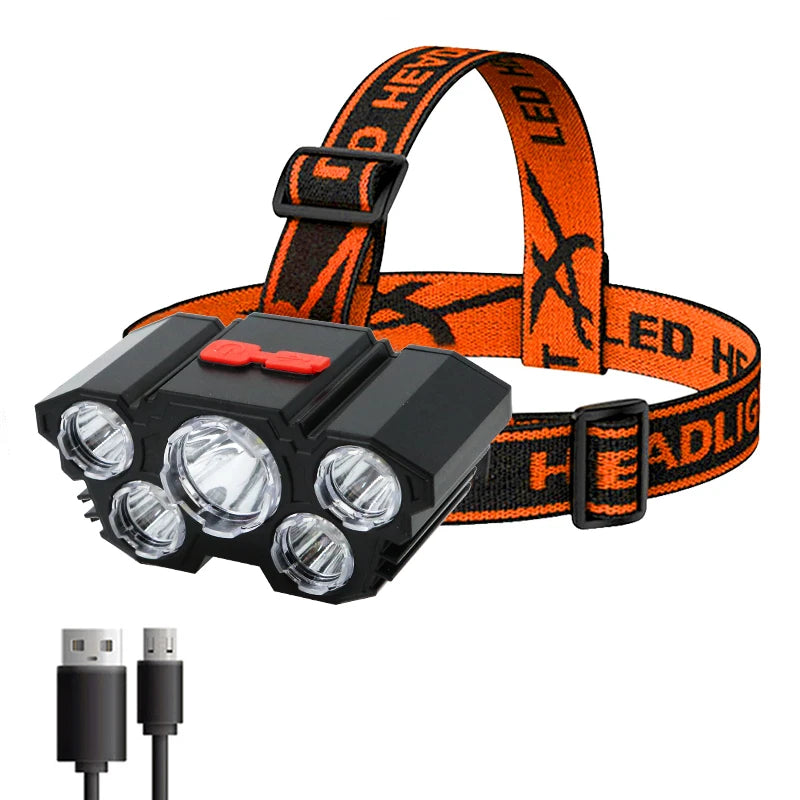 5 LED Flashlight Rechargeable with Built in Battery Strong Light Camping Adventure Fishing Head Light Headlamp