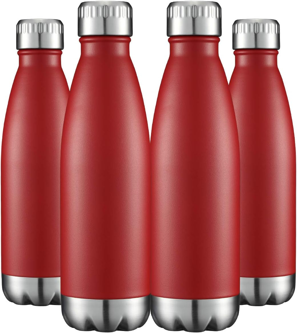 17Oz Stainless Steel Water Bottles Bulk, Vacuum Insulated Water Bottles Double Walled Powder Coated Reusable Metal Sports Water Bottles Keep Drinks Hot and Cold, Red, 4Packs