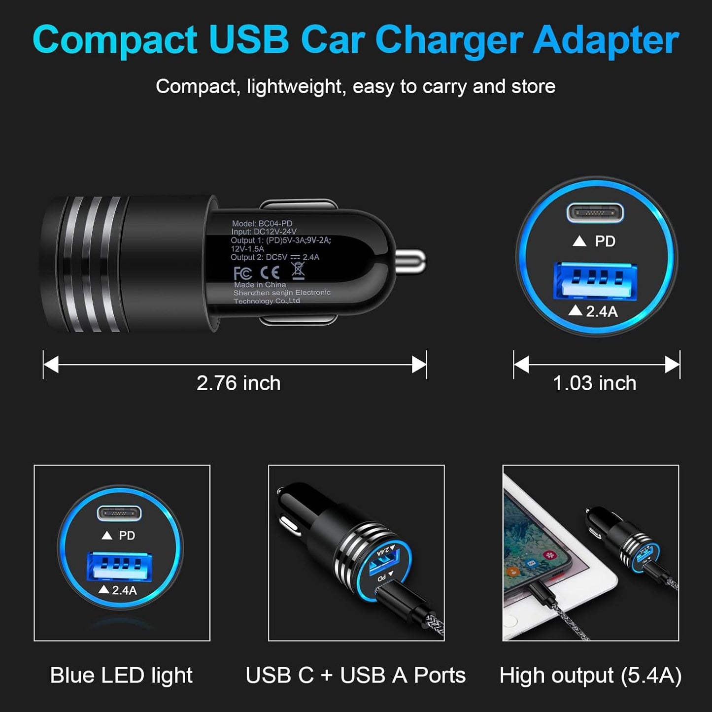 Fast Charging USB C Car Charger for Iphone 16 15 14 13 12 Pro Max SE XR XS X Samsung Galaxy S25 S24 S23 S22 S21 Note20 Google Pixel 9/8 Pro/7A/7 Pro/6A/6/5/4A/4/3,2Pack 30W PD+2.4A Type C Car Adapter