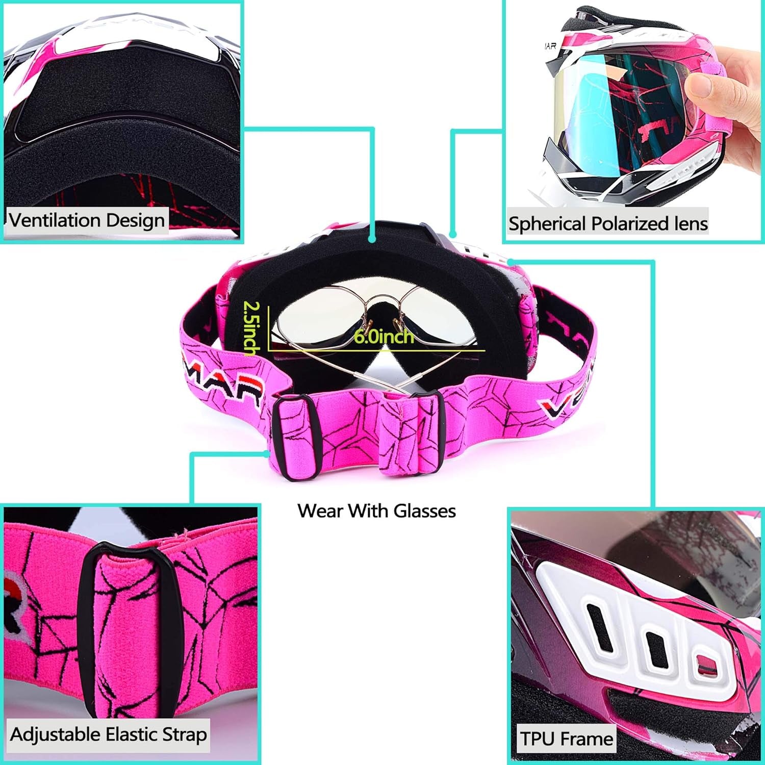 Motorcycle Motocross Goggles ATV Racing Goggles Dirt Bike Tactical Riding Motorbike Goggle Glasses, Bendable Windproof Dustproof Scratch Resistant Protective Safety Glasses (Pink)