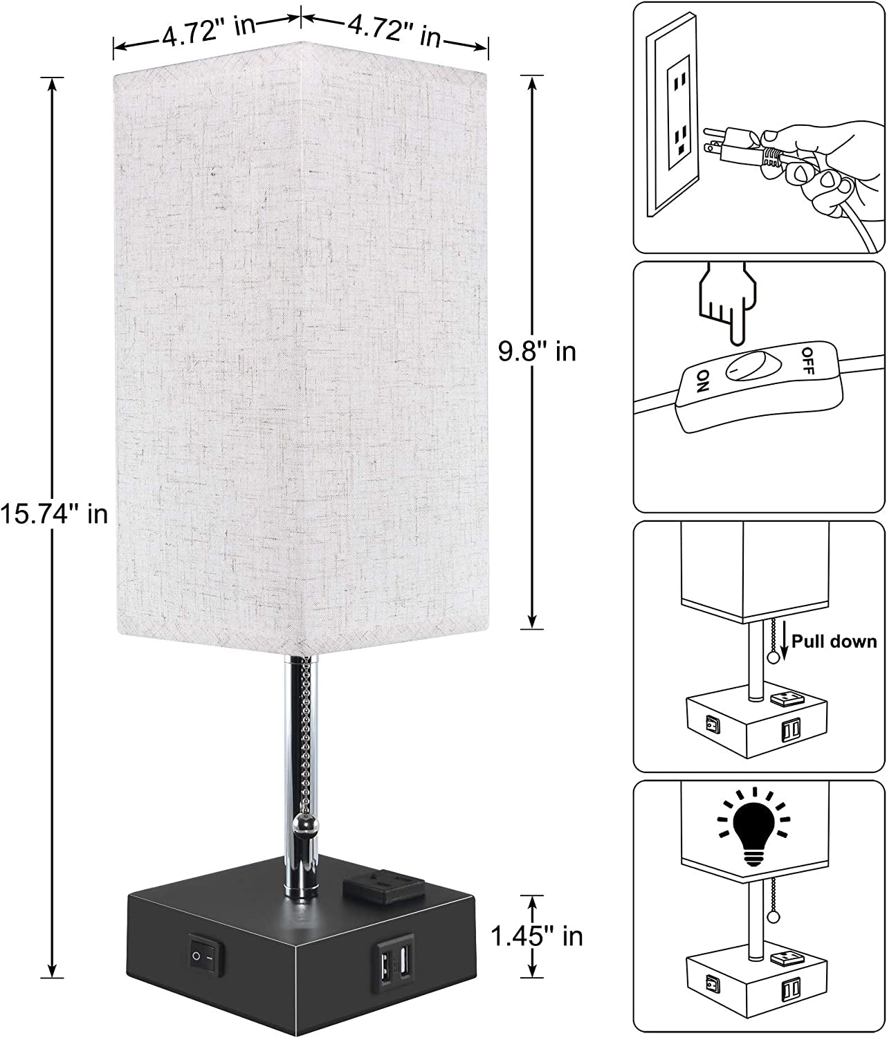 USB Bedside Table Lamp, Minimalist Bedside Desk Lamp with Charging Port,Lamps for Bedrooms,Fabric Shade Ambient Light,Modern Nightstand Lamp with Pull Chain