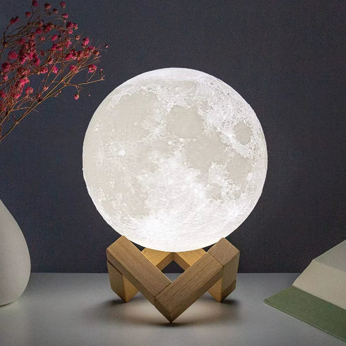 D5 Moon Lamp 8Cm LED Night Light Battery Powered with Stand Starry Lamp Bedroom Decor Nightlights Kids Gift Moon Lamp Xmas Gift