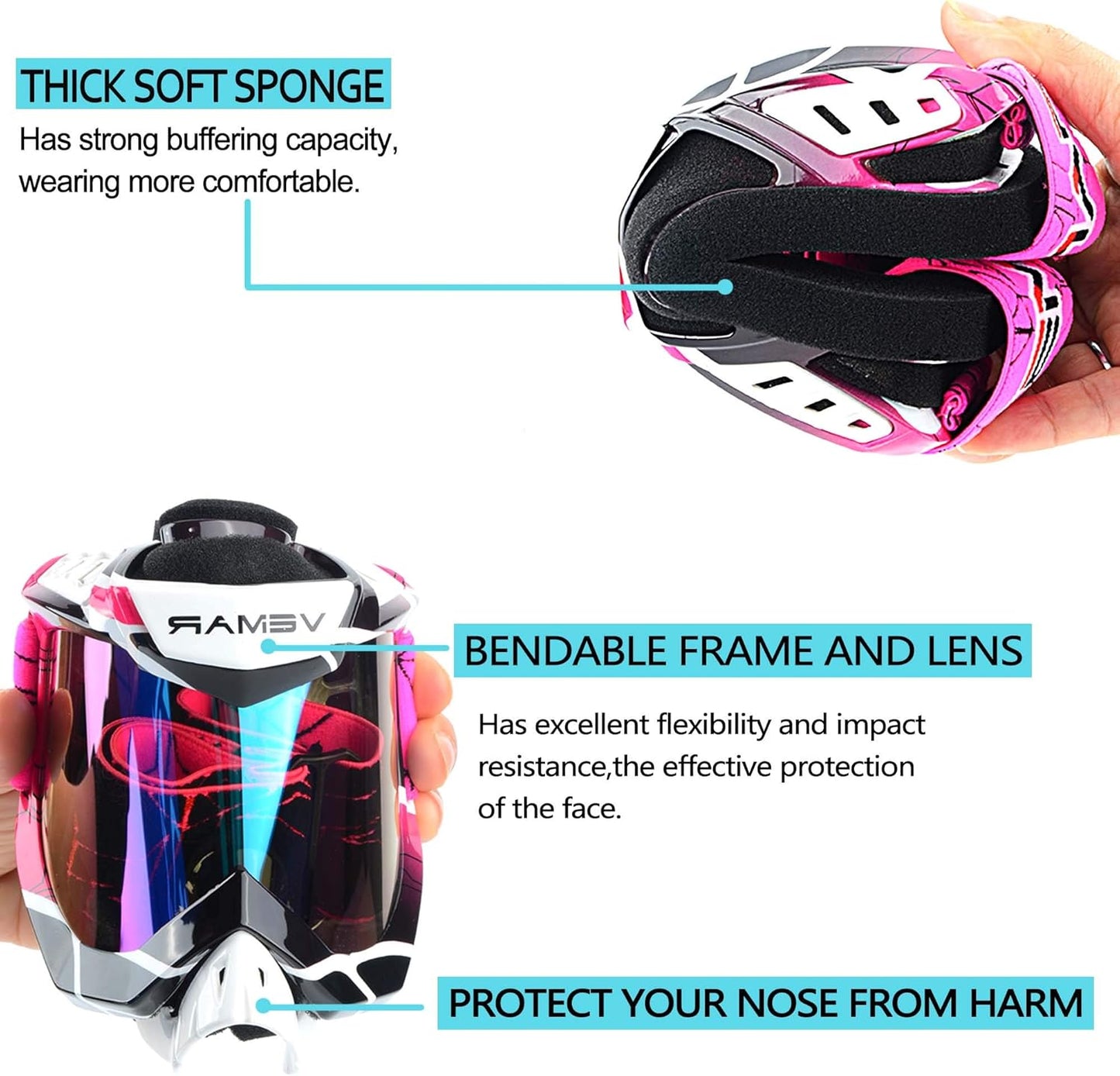 Motorcycle Motocross Goggles ATV Racing Goggles Dirt Bike Tactical Riding Motorbike Goggle Glasses, Bendable Windproof Dustproof Scratch Resistant Protective Safety Glasses (Pink)