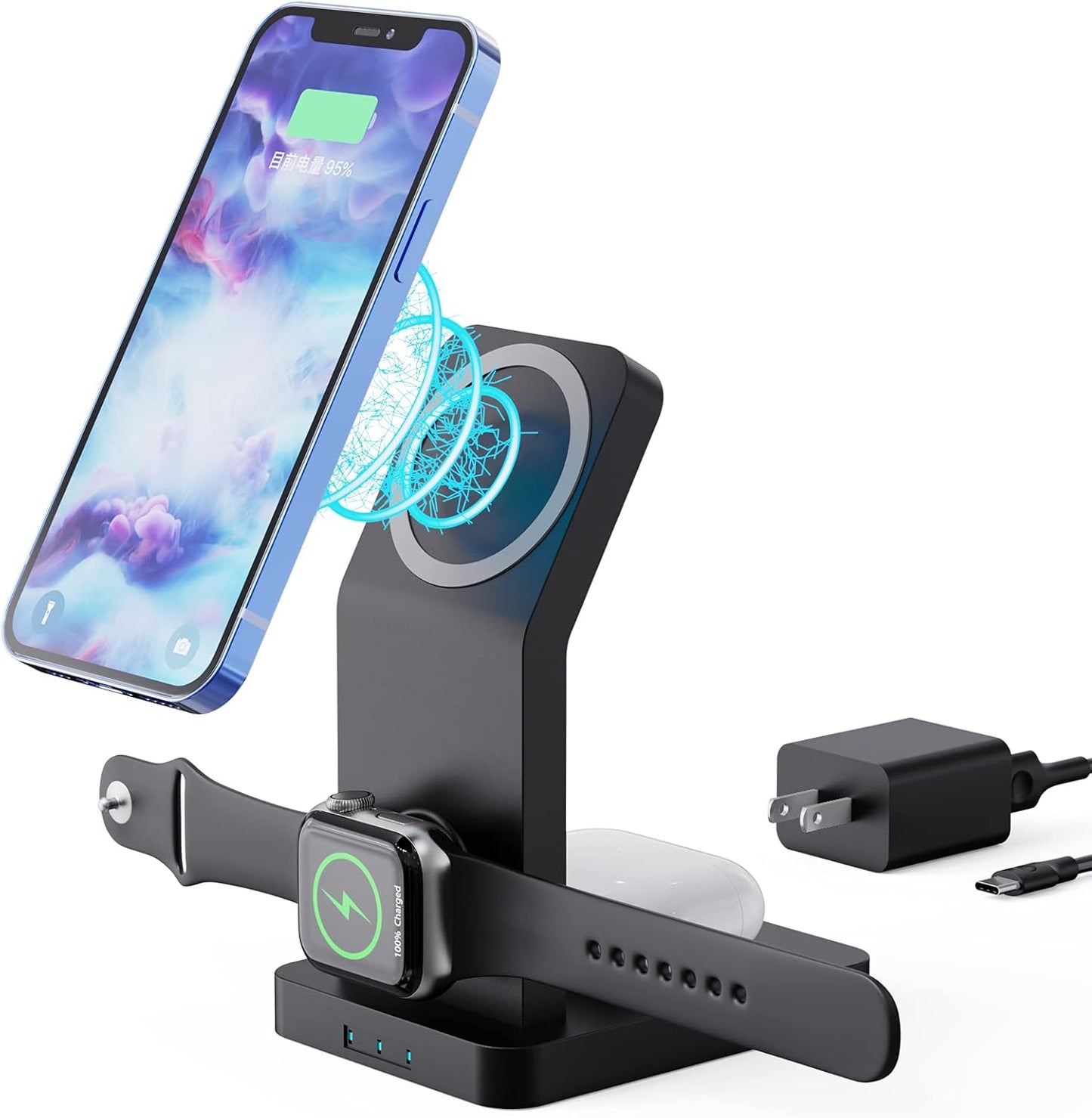 Magnetic Wireless Charger Stand，3 in 1 Fast Charging Station for Multiple Devices， for Apple Iphone 12 Pro Max/ Mini/12Pro/Airpods 2/Pro，Iwatch Series Compatible with Magsafe Case，With Qc3.0 Adapter