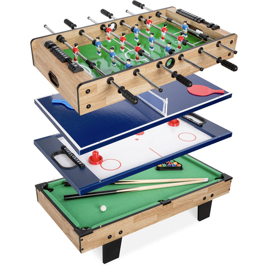 4-In-1 Multi Game Table, Childrens Arcade Set W/ Pool Billiards, Air Hockey, Foosball - Natural