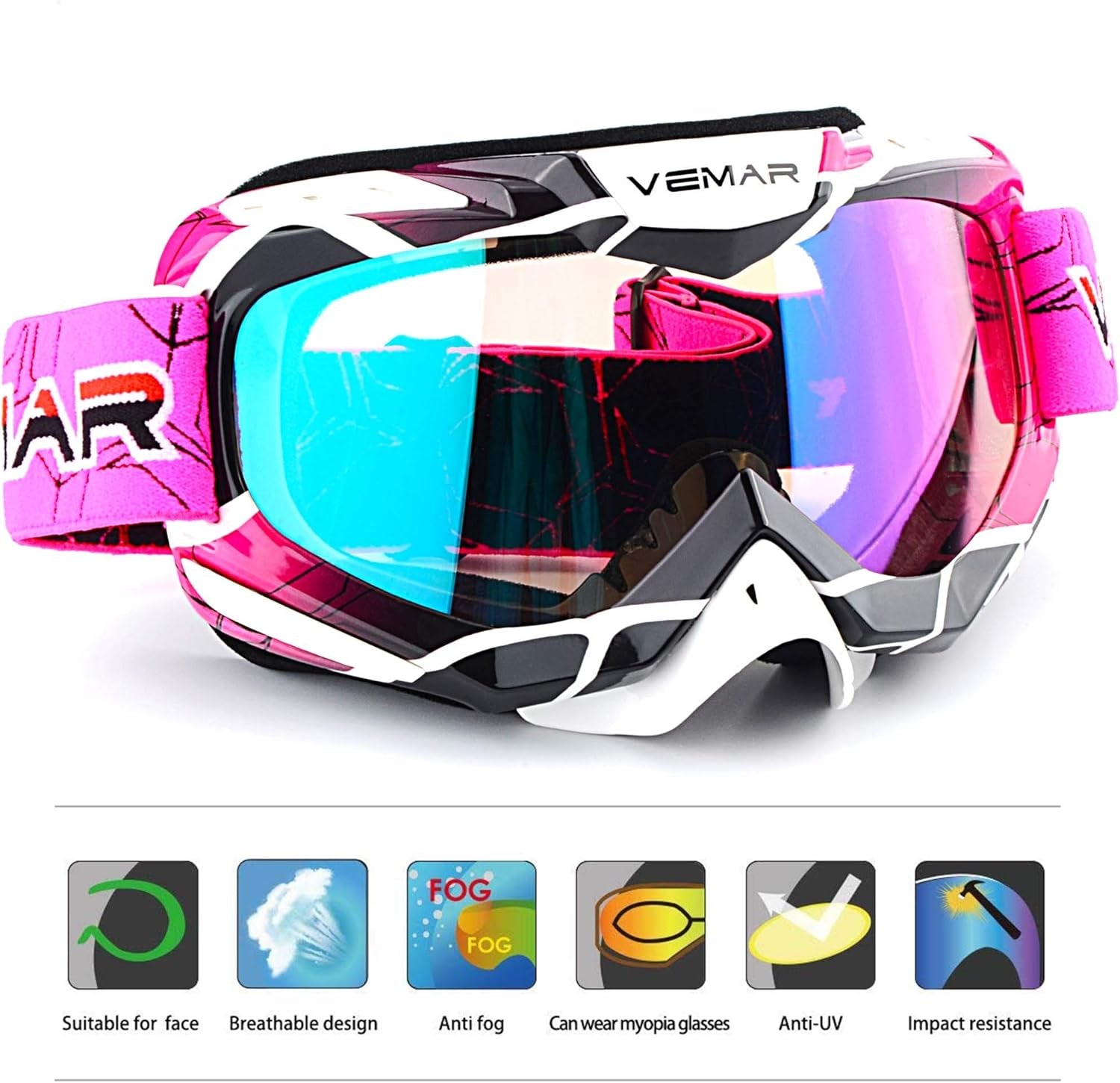 Motorcycle Motocross Goggles ATV Racing Goggles Dirt Bike Tactical Riding Motorbike Goggle Glasses, Bendable Windproof Dustproof Scratch Resistant Protective Safety Glasses (Pink)